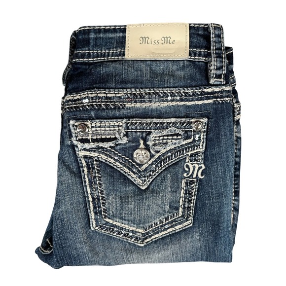 Miss Me Embroidered Skinny Jeans Denim Mid-Rise Distressed Sz 27 Western - Picture 1 of 10